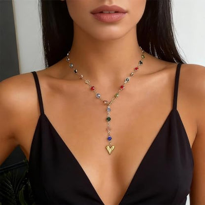 Long Heart Pendant Necklace Colorful Rhinestone Y Necklace Heart Lariat Jewelry Multicolor Party Outfit Accessory - color: A3:lariat necklace