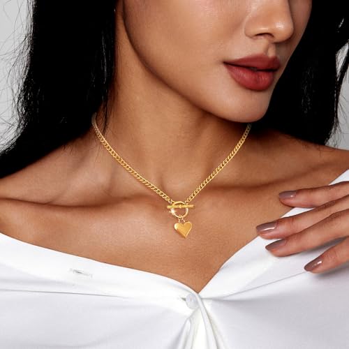 Zeffy Dainty Gold Heart Necklace for Women Trendy 14K Gold/Silver Plate Cute Heart Pendant Choker Necklaces Gold Love Heart Chain Necklace for Women Dainty Gold Jewelry Gifts for Women - style: Chunky Puffy Heart Necklace-Gold
