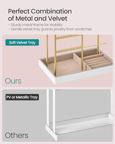 SONGMICS Necklace Holder, Jewelry Stand Holder Organizer, Jewelry Display with Metal Frame, Velvet Tray, Earring Bracelet Holder, for Gift Idea, 5.5 x 9.4 x 14.1 inch, Pale Gold UJJS028A01 | Necklace Earring Bracelet Holder, for Studs, Rings, Gift Idea, P