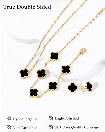 Clover Jewelry Set 3 PC - 18K Gold Plated Stainless Steel Y Necklace Four Leaf Pendant, Clover Bracelet Charm, 4leaf Earrings, Hypoallergenic Non-Tarnish, Lucky Jewelry Gifts for Women Mom - color: Black/Gold