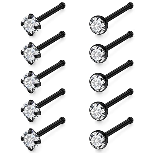 18G 20G 22G Stainless Surgical Steel Titanium Nose Rings Studs for Women L Shaped Nose Studs Screw Nose Rings Nostrial Piercing Jewelry for Women Men Silver Gold Black - style: 20G/2mm CZ/Straight/Black