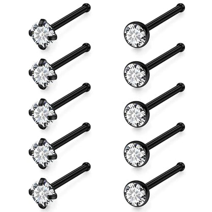 18G 20G 22G Stainless Surgical Steel Titanium Nose Rings Studs for Women L Shaped Nose Studs Screw Nose Rings Nostrial Piercing Jewelry for Women Men Silver Gold Black - style: 20G/2mm CZ/Straight/Black