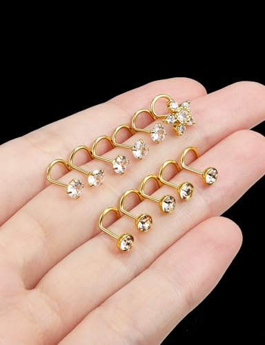 Prjndjw 20G Big Nose Stud Large Nose Studs Surgical Stainless Steel Straight Nose Studs 4mm CZ Paved CZ Nose Rings with 6-CZ Flower Ring for Women Men 11 Pieces - color: 4mm CZ Big 18G Gold-plated Screw Curved Nose Stud