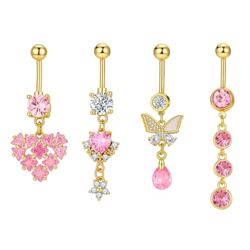 Pink Crystal Dangle Belly Button Rings, 4 Pack 14G Dangling Heart Teardrop Navel Rings Butterfly Belly Piercing Barbell Gold-Plated Summer Body Jewelry