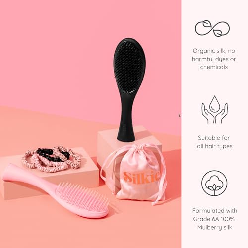 SILKIE x4 Set 100% Pure Mulberry Silk Pink Nude Neutral Skinny Scrunchies Travel Pouch Everyday Hair Ties Elastics Hair Care Ponytail Holder No Damage (Nudes) - color: Nudes