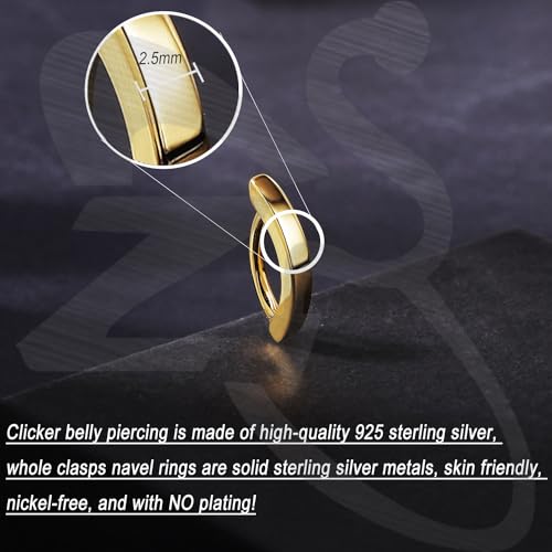 ZS 14G Clicker Belly Button Rings for Women, 925 Sterling Silver Belly Barbell Piercing Gold Reverse Curved Navel Barbell Body Jewelry - color: Gold,Inner diameter:8mm