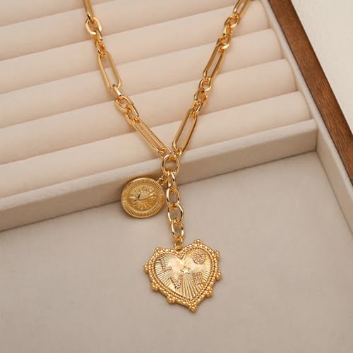 ORIGENCE Sun Heart Necklace for Women 18K Gold Plated Heart Pendant Necklace Chunky Chain Choker Necklaces Hip Hop Charm Necklaces Trendy Unisex Jewelry - style: 2Charm-Gold N