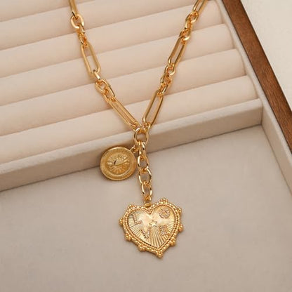 ORIGENCE Sun Heart Necklace for Women 18K Gold Plated Heart Pendant Necklace Chunky Chain Choker Necklaces Hip Hop Charm Necklaces Trendy Unisex Jewelry - style: 2Charm-Gold N