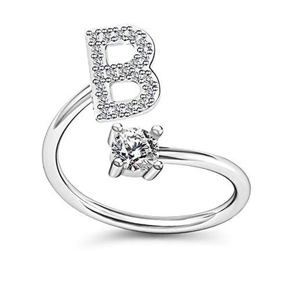 FUTIMELY Initial Letter Ring Alphabet Ring A-Z Silver Crystal Open Adjustable Personalized Initial Ring for Women - style: B