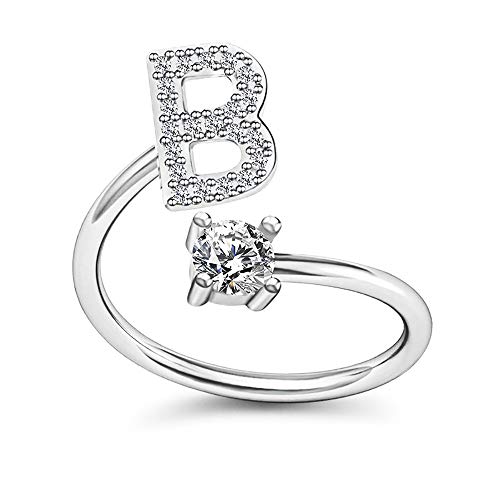 FUTIMELY Initial Letter Ring Alphabet Ring A-Z Silver Crystal Open Adjustable Personalized Initial Ring for Women - style: B