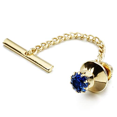 HAWSON Mens Tie Tack with Chain Round Crystal Wedding Business Accessories - color: Gold + Capri Blue