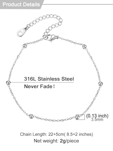 U7 Ankle Bracelets for Women Stainless Steel Waterproof Tarnish Resistant | 18K Gold Plated/Silver/Rose Gold Anklets, Cuban Chain Anklet Bracelets, Perfect for Summer Beach and Vacation Outfits - color: Stainless Steel-Bead Chain