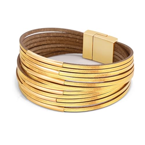 Wrapped Bracelets for Women,Leather Boho Bracelets for Women - color: Leather-Golden