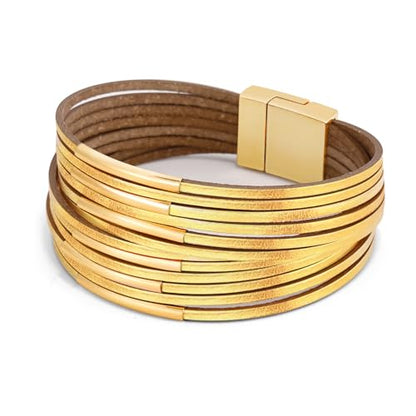 Wrapped Bracelets for Women,Leather Boho Bracelets for Women - color: Leather-Golden