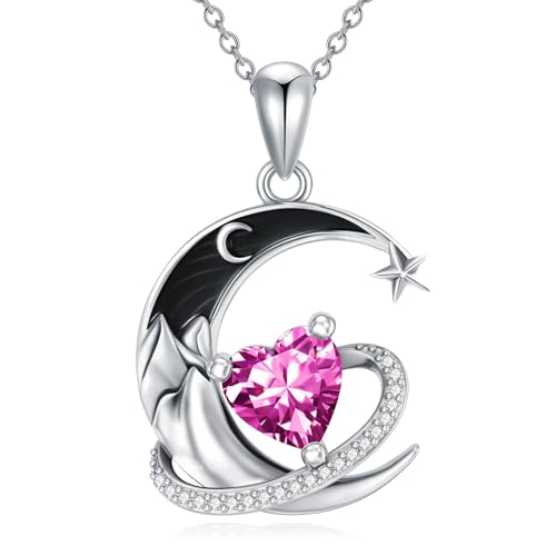 I Love You to the Moon and Back Necklace 925 Sterling Silver Black Crescent Moon Star Pendant with Heart Birthstone Necklace Anniversary Gothic Jewelry Gifts for Women Wife Lovers - color: 10-Oct-Pink