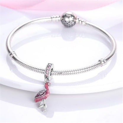 925 Silver Charm for Bracelets Animal Pet Insect Series Women Jewelry Gift - color: Red flamingo