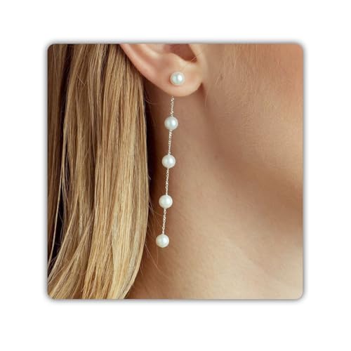 Trinckle Pearl Earrings for Women Drop Jewelry Bride Wedding Accessories | Dainty Gold Pearl Dangle Earrings, Silver Earrings for Bridesmaid, Floral Boho Bow Jewelry for Girls Prom Homecoming Gift - color: silver-long-3 in (5 pearl)