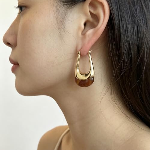 Acrylic Gold Hoop Earrings Chunky Hoop Dangle Drop Huggie Earring Statement Resin Jewelry for Women - color: Brown