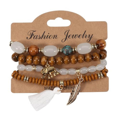 4Pcs Bohemia Multilayer Stackable Elephant Leaf Tassel Bracelets Colorful Wooden Resin Beaded Stretch Bracelets for Women Men Summer Beach Boho Vacation Hawaii Jewelry Gifts - style: StyleA