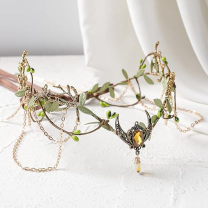 MOSTORY Woodland Elf Crown for Women - Medieval Elf Headpiece with Tassel for Renaissance Renfaire Fae Cosplay Viking Outfit - color: Gold-green