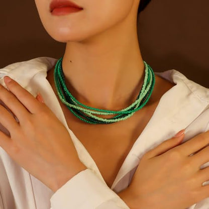 Colorful Multi-layered Seed Beaded Necklace Choker For Women Bohemian Handmade Crystal Stone Gemstone Hawaiian Necklace Holiday Birthday Summer Beach Jewelry Gift - color: Green
