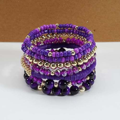 7/12Pcs Set Bohemian Stackable Crystal Seed Beaded Elastic Stretch Bracelet Multilayerd Handmade Brass Bead for Women Jewelry Surfer Heishi Polymer Clay Layering - color: purple