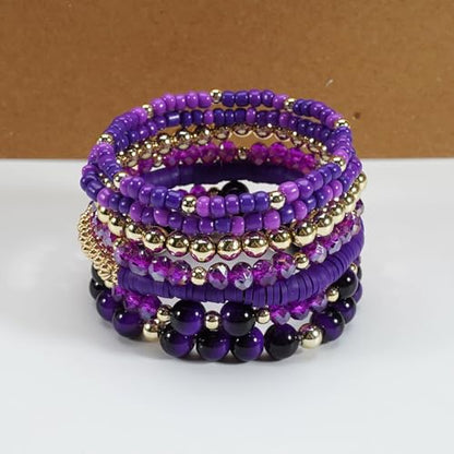 7/12Pcs Set Bohemian Stackable Crystal Seed Beaded Elastic Stretch Bracelet Multilayerd Handmade Brass Bead for Women Jewelry Surfer Heishi Polymer Clay Layering - color: purple