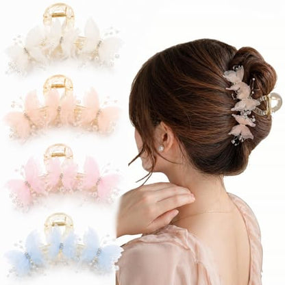 Bphne 4 Pack Pearl Butterfly Hair Clips for Women and Girls – Fabric Butterfly with Pearl Bow Decor, 6.19 Inch Large Elegant Hair Accessories, Faux Pearls Butterfly Hair Clip for Daily Styling