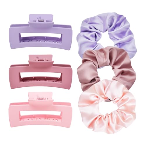 Hair Accessories Set for Women 6pcs – 3 Medium Hair Clips 3 Big Satin Scrunchies, Non-Slip Matte Hair Claw Clips, Back to School, Birthday Gift, Daily Use, Pastel Hair Set - color: Lavender/Pink/Dusty Pink