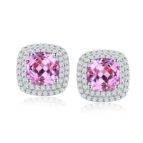 Dainty Birthstone Earrings for Women Sterling Silver Small Stud Earrings with Halo Cushion/Round Created Gemstone Earrings Birthstone Jewelry - style: A 10. Oct./created pink sapphire-cushion cut