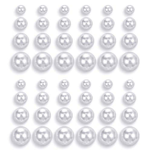 24 Pairs Pearl Studs Earrings for Women, Faux Simulated Pearl Earrings 4 Mixed Sizes Round Ball Pearls Stud Earring Set - color: White