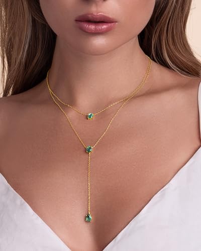 SNGIA Long 18K Gold Plated Blue Green Red Layered Pendant Necklace For Women (Emerald, Ruby, Seafoam, Sky, Sapphire, Pink), Dainty Birthstone Necklace, Statement Necklace Jewelry Gifts. - style: Sea Foam