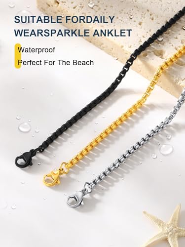 ChainsPro Resizable Anklet Chain for Women Men, Figaro/Wheat/Twist Rope/Cuban Foot Bracelet-Strong with Good Clasp-18K Gold Plated(Send Gift Box) - color: 08:box chain-Gold Plated
