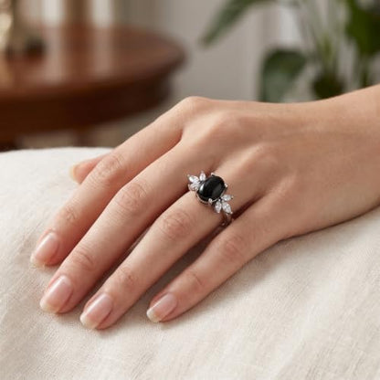 MRENITE Oval Floral Ring for Women S925 Sterling Silver Gemstone Ring for Her Anniversary Birthday Engagement Promise Jewelry Gift - color: Black Onyx