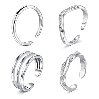 JFORYOU Toe Rings for Women Adjustable Open Toe Rings with Anklet Set CZ Flower Toes Ring for Summer Beach Foot Jewelry - color: 4pcs-silver toe rings Style B