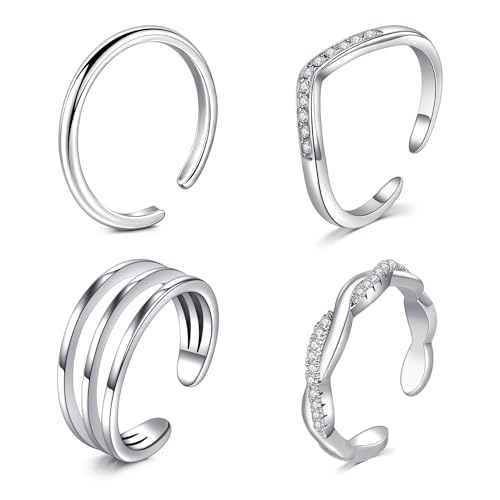 JFORYOU Toe Rings for Women Adjustable Open Toe Rings with Anklet Set CZ Flower Toes Ring for Summer Beach Foot Jewelry - color: 4pcs-silver toe rings Style B