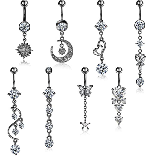 Hicarer 8 Pieces 14G Belly Button Rings Steel Long Dangle Navel Ring CZ Body Piercing Jewelry - color: Black