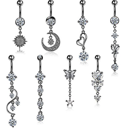 Hicarer 8 Pieces 14G Belly Button Rings Steel Long Dangle Navel Ring CZ Body Piercing Jewelry - color: Black