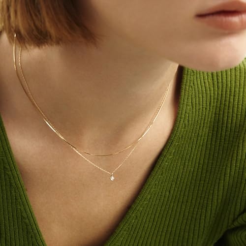 Layered Choker Necklace for Women Stackable Chain Dainty Zircon Pendant Set | 2PCS, Silver/14K Gold Plated, Box/Ball/Rope/Lip chain, Layering Diamond Cut CZ Pendant, Dainty Thin Chain, Trendy Prom Gift - color: Gold, style: Style 02