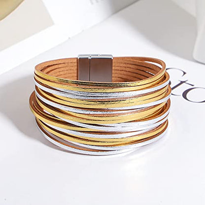hotoo Leather Wrap Bracelet for Women - color: Gold and silver