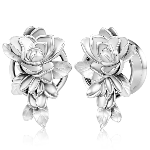 2 Pcs Rose Flower Ear Gauges Stainless Steel Screw Back Ear Plugs Romantic Floral Design Double Flared Tunnels for Stretched Ears Body Jewelry Gift Set for Women & Men - color: S138, size: 12mm(1/2")