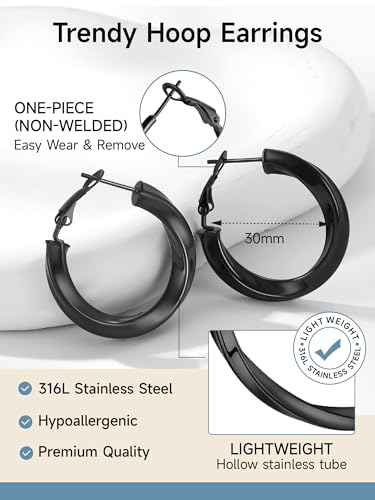 PROSTEEL Chunky Hoop Earrings for Women 14K Gold Plated/Black/Silver | 20/30/40/50/60/70/80mm Stainless Steel Thick Big Round Hoop with Waterproof and Non Tarnish Trendy Jewelry with Gift Box - color: 4. Black, size: 30MM