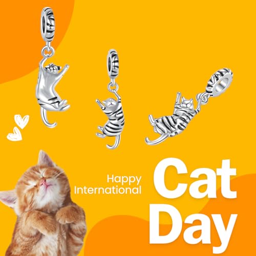 Ginger Cat Playing Tabby Dangle Charm Compatible with Pandora Charms Bracelets with CZ Birthstones for Cat Lovers Women Mother's Day - style: Tabby Cat