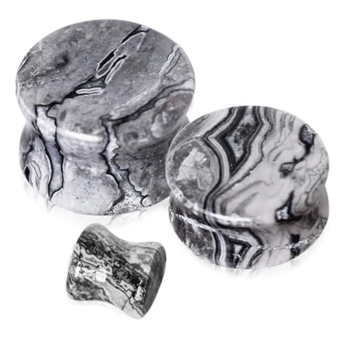 Pierced Owl - Grey Wave Jasper Natural Stone Saddle Plugs, Sold as a Pair - style: 14mm (9/16")