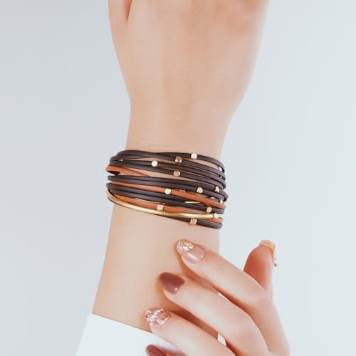 Boho Leather Wrap Bracelets Beaded Stackable Cuff Bracelet Country Concert Outfits Cowboy Cowgirl Western Jewelry Gifts for Women - color: Bead-Brown