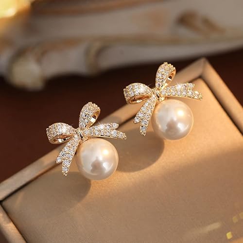 Pearl Bow Earrings for Women Coquette Aesthetic Jewelry Rhinestone Bow Earrings for Bridesmaids Wedding Party Accessories Bridal Costume Accents Bowknot Themed Gifts - color: A1:Bow Earrings