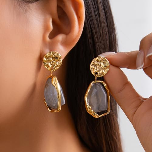Irregular Crystal Dangle Earrings for Women Gold Textured Gemstone Earrings Geometric Acrylic Stud Earring Jewelry Gift - color: Grey
