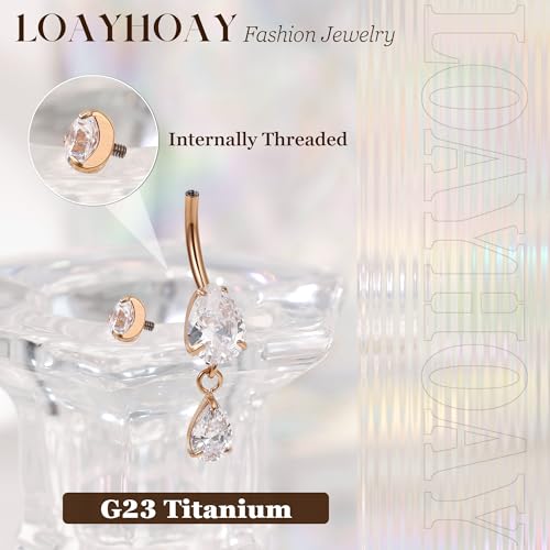 14G G23 Pure Titanium Dangle Belly Button Ring for Women Dangling CZ Navel Ring Teardrop Curved Barbell Belly Rings Internally Threaded Belly Piercing Jewelry - color: Rose Gold
