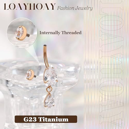 14G G23 Pure Titanium Dangle Belly Button Ring for Women Dangling CZ Navel Ring Teardrop Curved Barbell Belly Rings Internally Threaded Belly Piercing Jewelry - color: Rose Gold