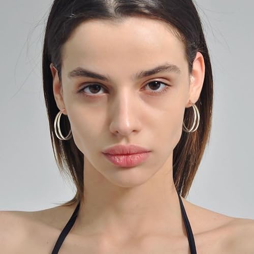 Large Thin Double Hoop Earrings for Women Lightweight Hypoallergenic 925 Sterling Silver Post 14K Gold Hoops Non Tarnish Sturdy Big Thin Double Layered Hoop Earrings 30/40/50/60mm - color: Silver, size: 30mm